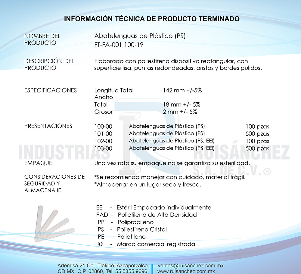 Abatelenguas de Plástico Adulto de Poliestireno Cristal