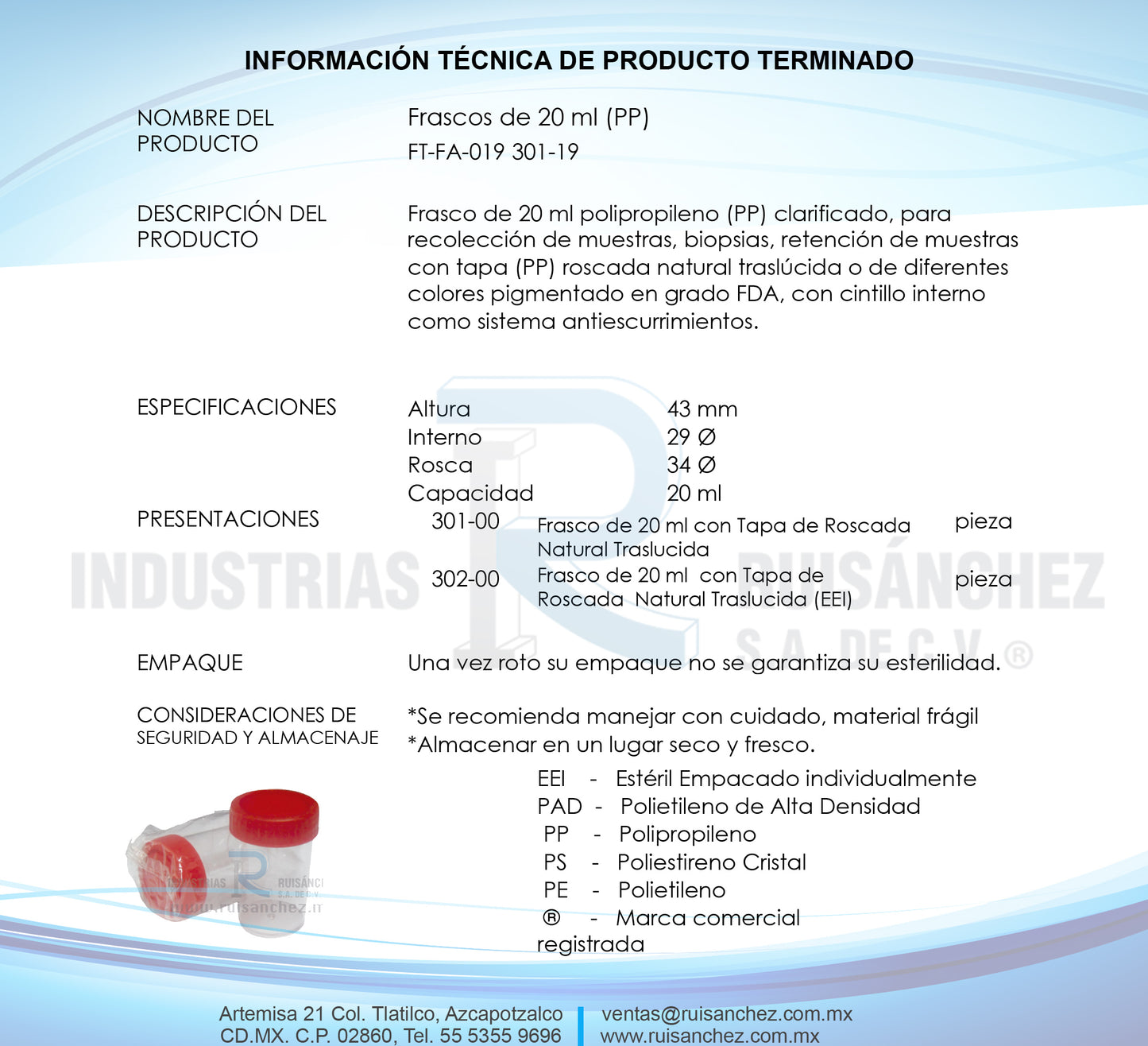 Frasco de 20 ml (PP) Polipropileno