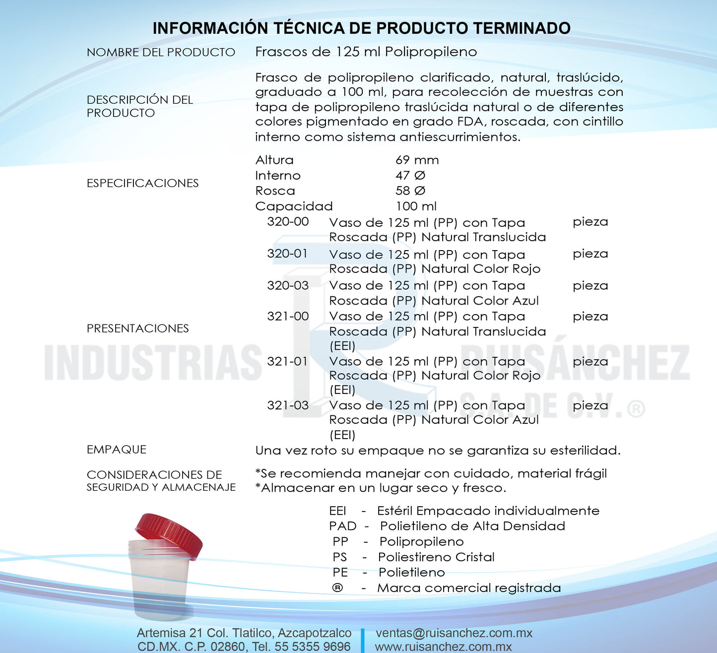 Frasco de 125 ml Polipropileno Clarificado